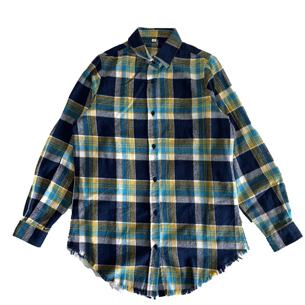 Support Personalized Customization Digital Print Round Hem Patchwork Long Plaid Long Sleeve Cotton Check Shirt for Men