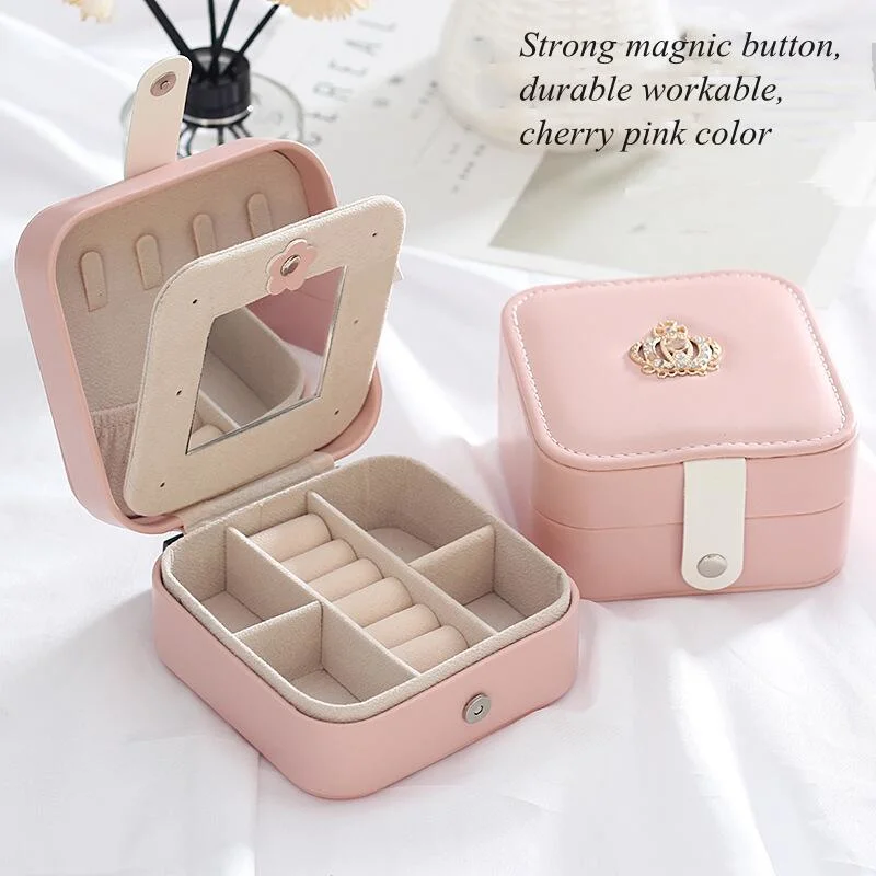 PU Leather Jewelry Box with Crown Luxury Travel Jewelry Organizer Necklace Ring Earring Storage Case