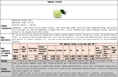 Sy Tungsten Oxide Powder and Formula Wo3 for Cemented Carbide Wo3 Tungsten Oxide Powder Metallurgy with CAS No 1314-35-8