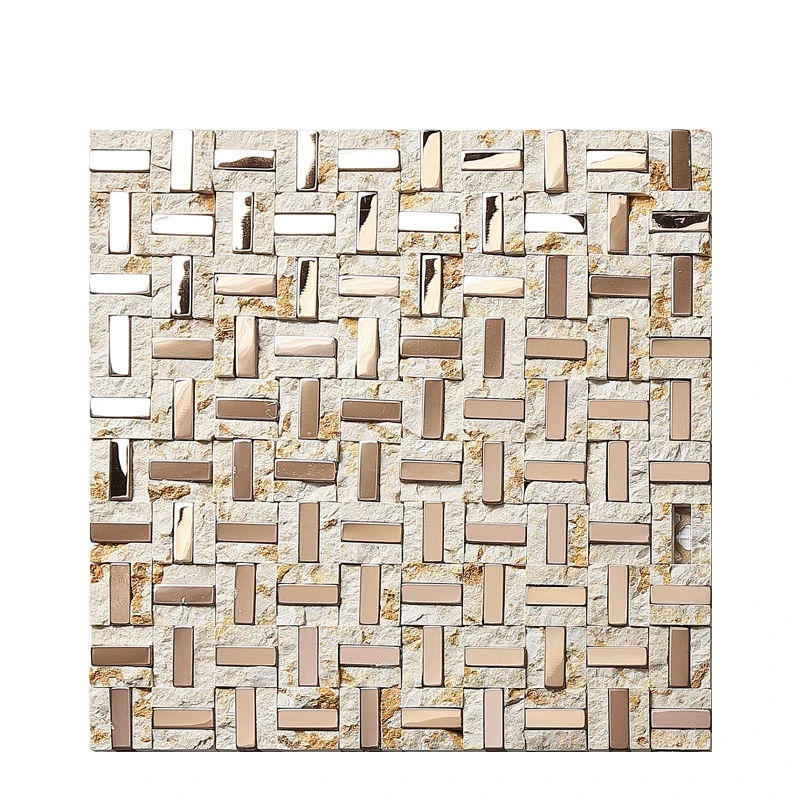 Luxury Design Natural Stone Mix Metal Rose Gold Stainless Steel Mosaic Tile Decorative