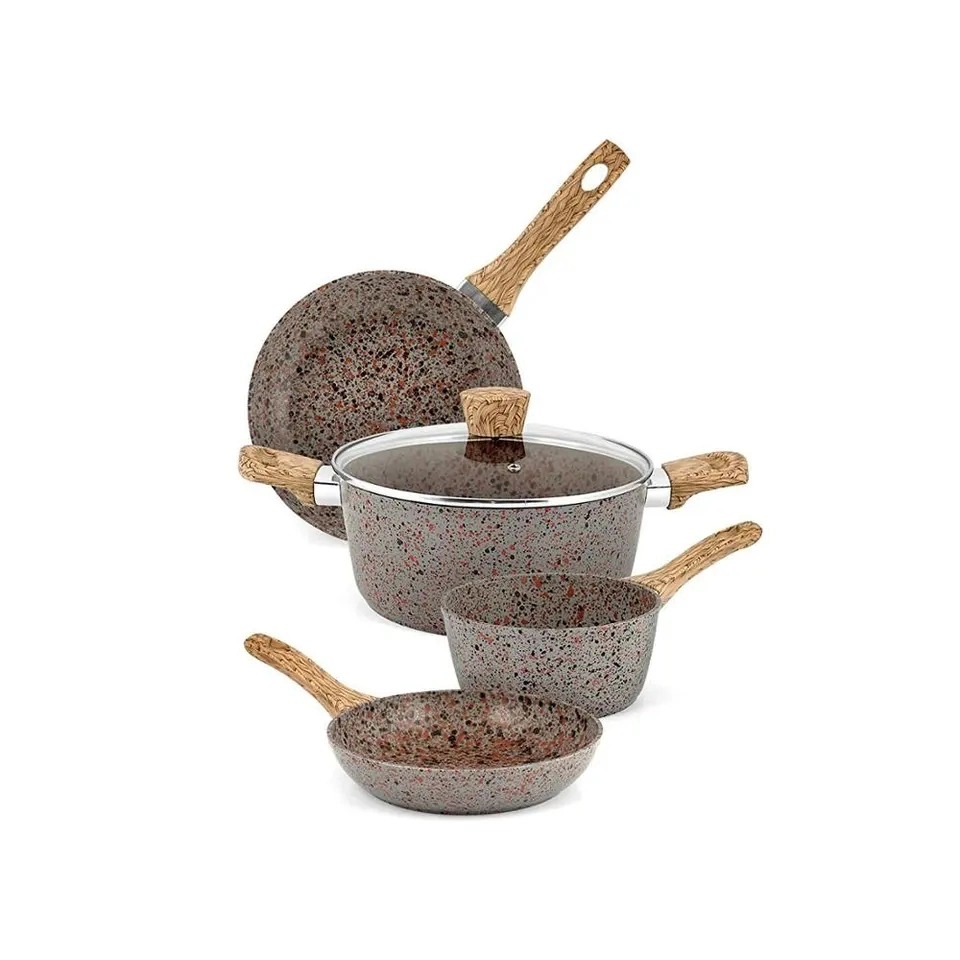 OEM de la fábrica de aluminio en color de piedra de granito Non-Stick conjunto de utensilios de cocina casera ecológica Pot cazuela con mango de madera