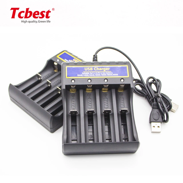 Factory Direct 3.7V Black Color Super Charge Rechargeable Lithium Battery Charger 4 USB with Cable for 18650/14500/26650/10440/18350/18500/18650