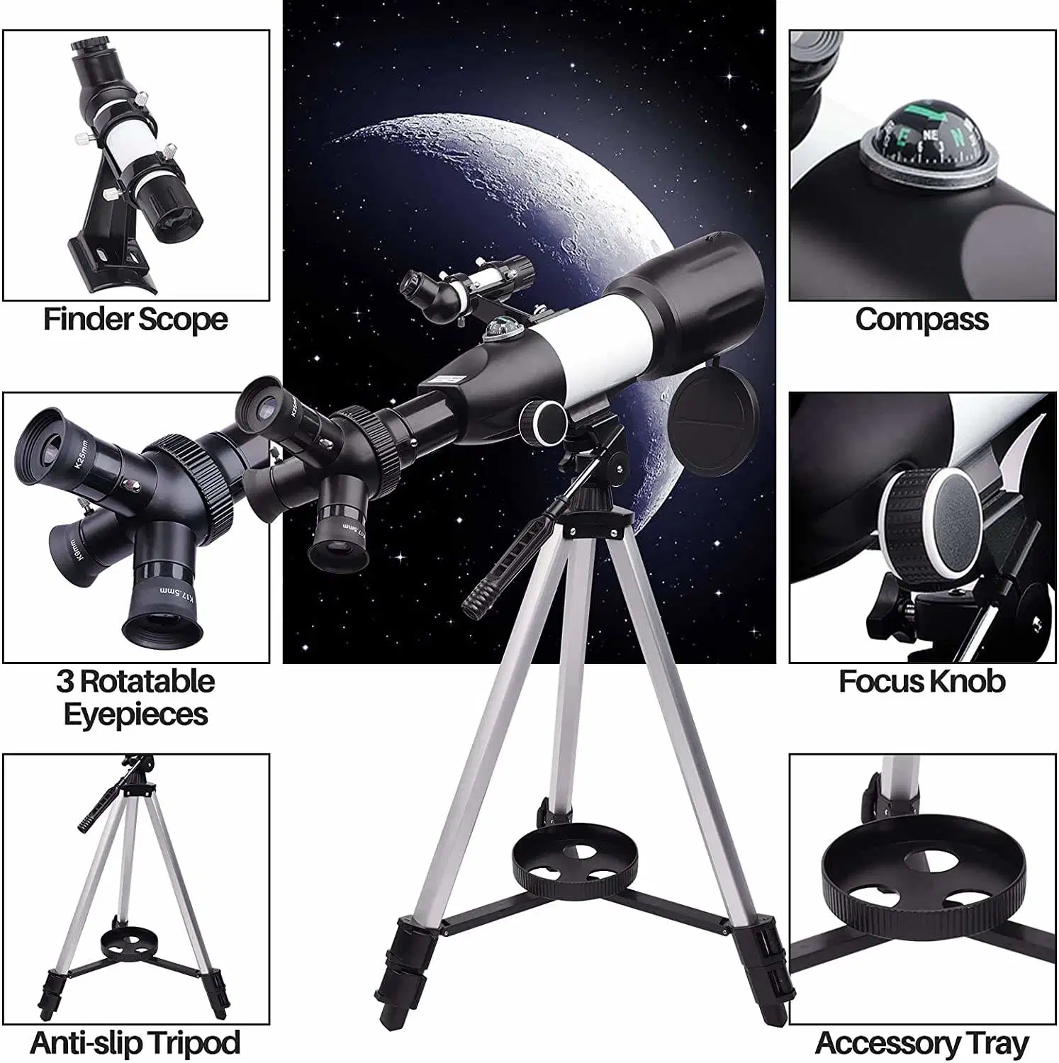 Personnalisation de base 3 oculaires pivotables 70mm ouverture Astronomical Refraction Telescope