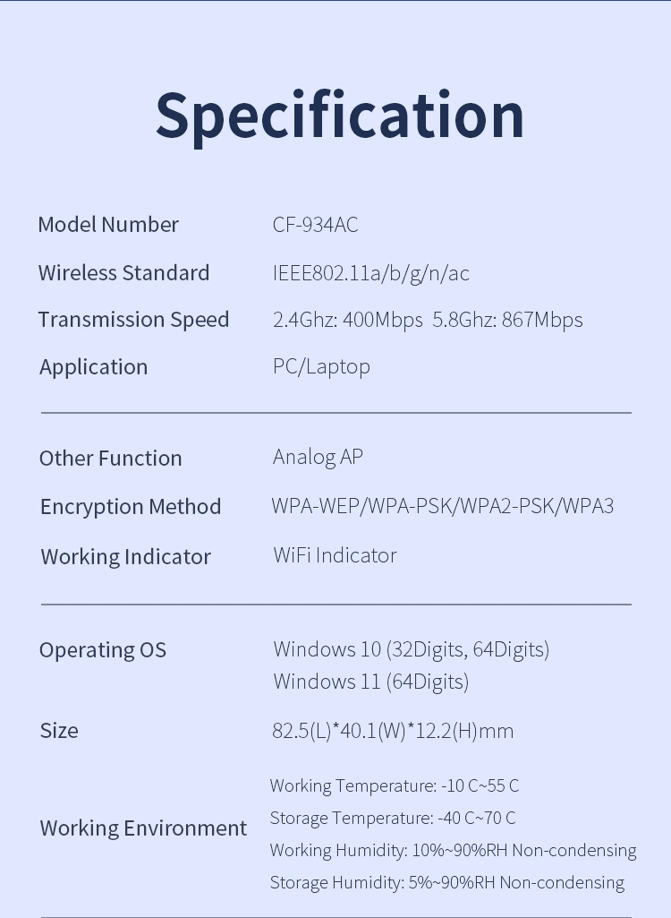 Driver Free High Speed Comfast CF-934AC High Power 1300Mbps Printer USB WLAN WiFi Receiving Sending Dual Band Wireless Adapter