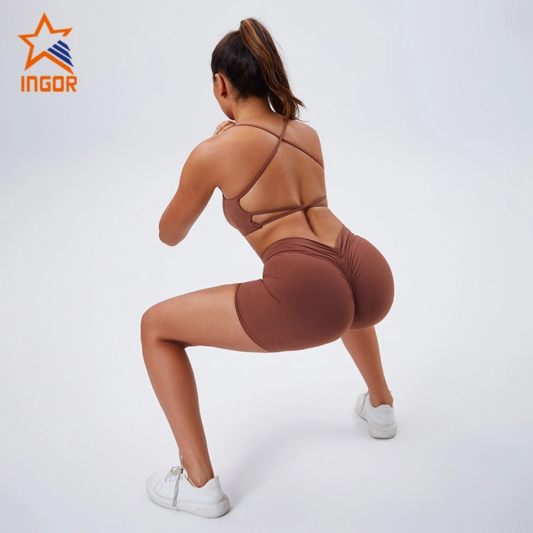 Ingor Sportswear Workout Wholesale/Supplier Clothing Eco Friendly V-Neck Slim Strap Yoga Bra & V-Waist Peach Hip Lifting Biker Shorts Sets, Activewear Fitness Gym Wear