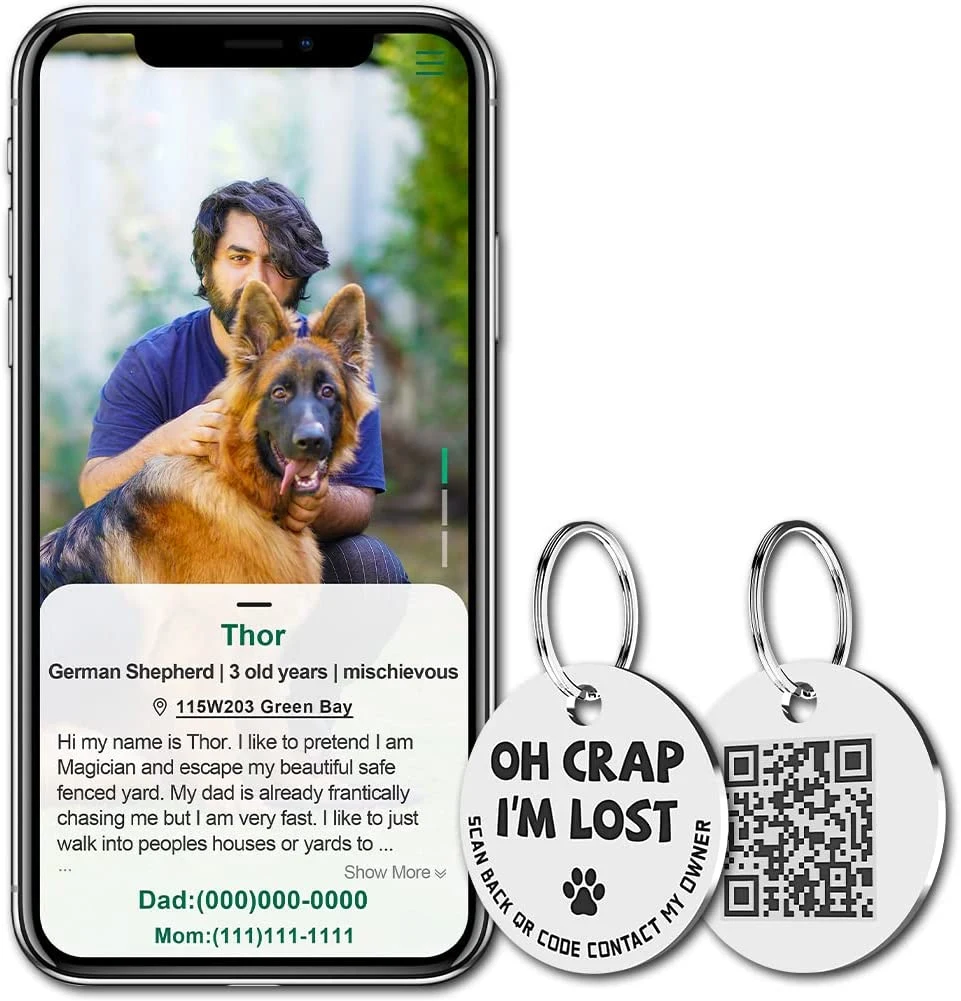 الفولاذ المقاوم للصدأ رمز QR Pet ID العلامات الكلب
