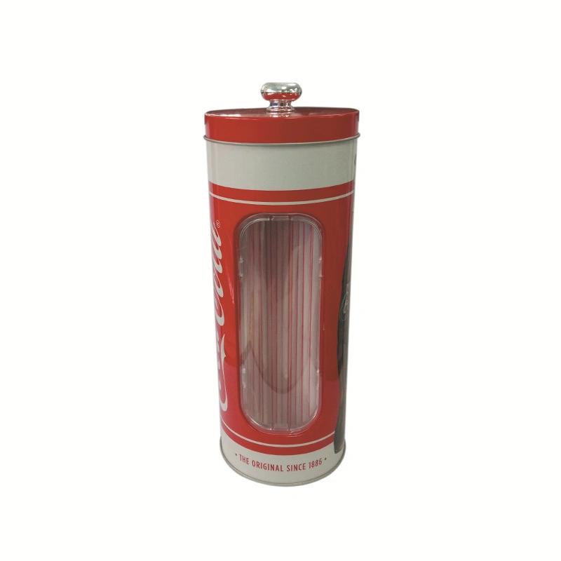 Custom Tall Round Gift Beverage Straw Packaging Metal Cylinder Tin with Window