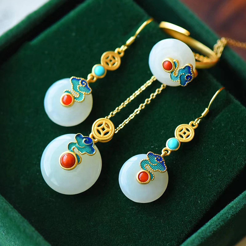 Enamel Auspicious Clouds Inlaid Imitation Hetian Jade Donut Earrings/Pendant/Ring Set