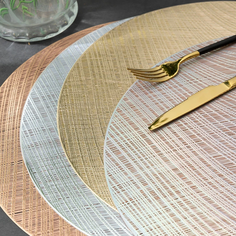 Europe Round Vinyl Dining Table Mats PVC Pressed Leaf Pattern Placemats Party/Wedding Round Striped Placemats