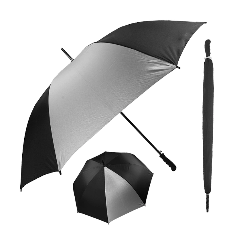 8 Panels Rubber Coated Handle Large Black/Gray Long Stick Rain Golf Umbrella with Custom Club Logo for Advertising