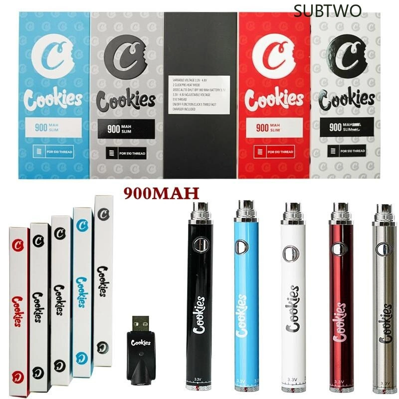 Cookies batería lápiz VAPE USB Cargador Blister Kits 350 900mAh Dispositivo de giro inferior 3,3-4,8V Precalentar las baterías de cartucho VV para EGO 510 Atomizador de tanques de rosca