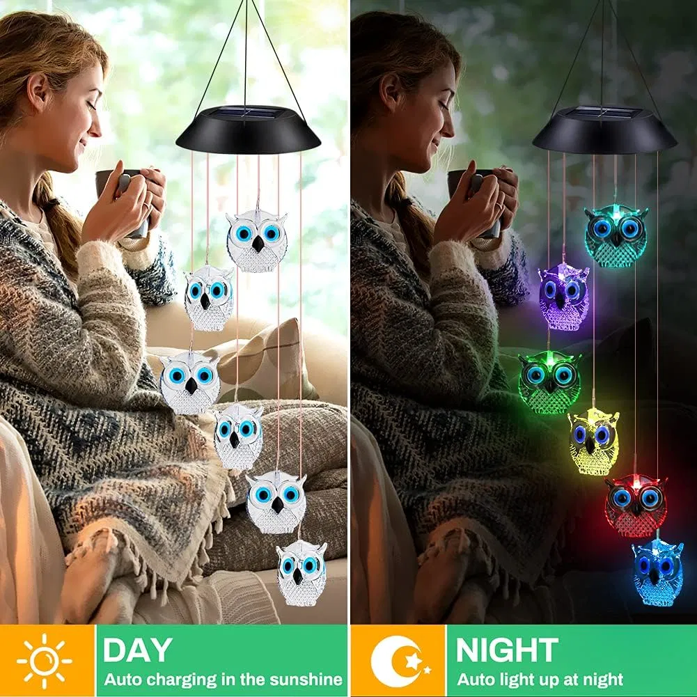 Beaux carillons solaires de vent, hibou carillons solaires de vent de lumière couleur changeante de jardin imperméable carillons avec crochet pour extérieur patio intérieur Yard Deck Grandma