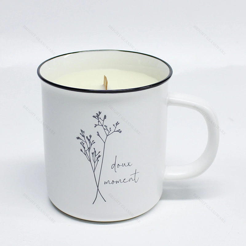 White Ceramic Candle Cup Pretty Print Ceramic Candle Cup with Handle