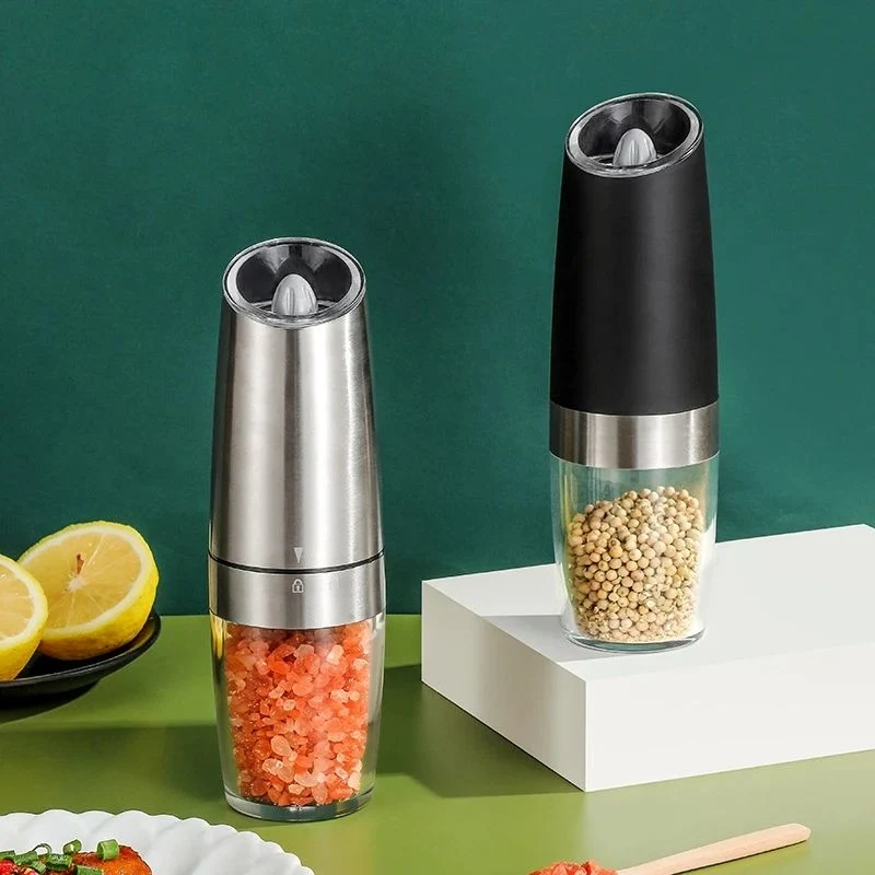 Silver Battery Powered Light Automatic Operation Stainless Steel Gravity Electric Mill Pepper Salt Grinder Set