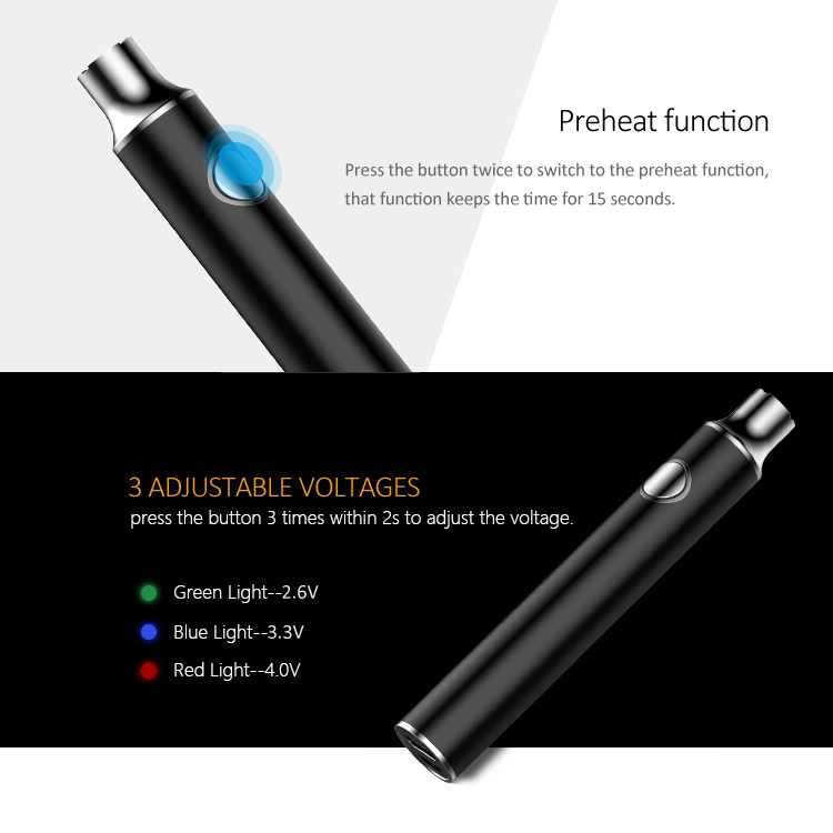 Comercio al por mayor tensión Ajustable rosca 510 Personalizada Vape Batería Pen