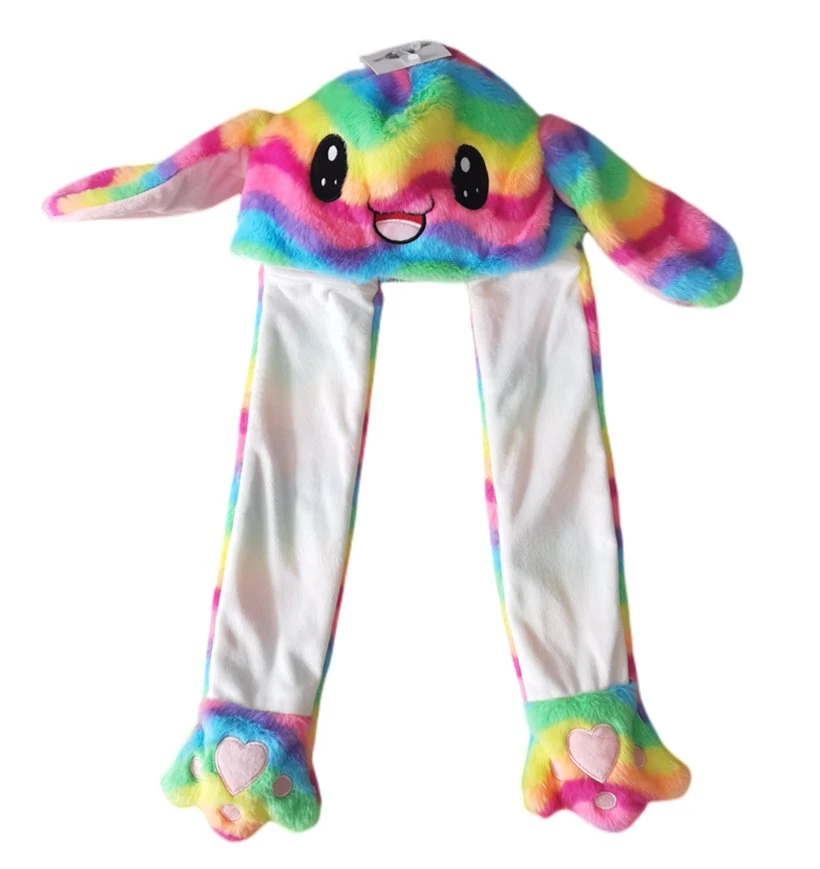 Großhandel Custom 54cm Warm Tier Plüsch Cartoon Regenbogen Kaninchen Hüte Kappen weich Plüschtiere schöne Bunny mit beweglichen Ohren Hut