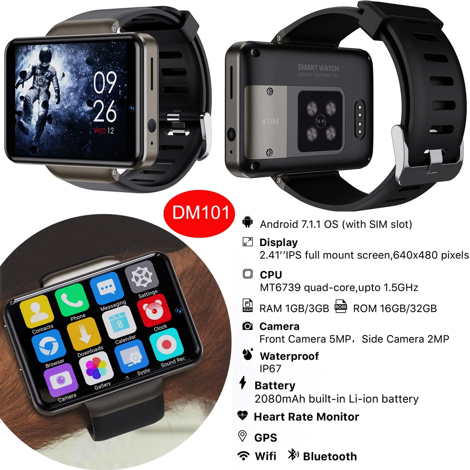 4G LTE Full Touch Large Battery Capacity Dual Camera Smart Watch Phone with Health Monitor DM101