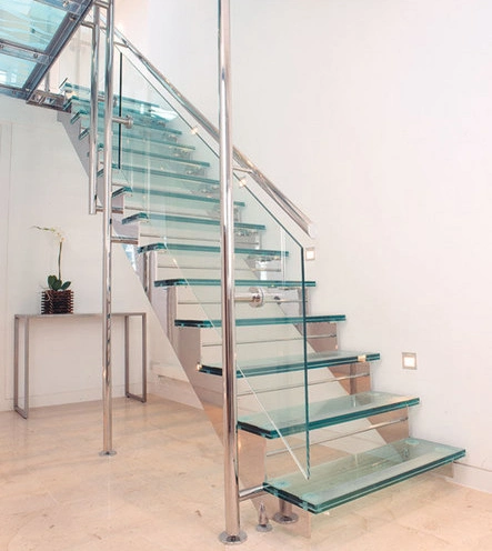 Double Steel Zig Zag Stringer Glass and Wood Step Staircase