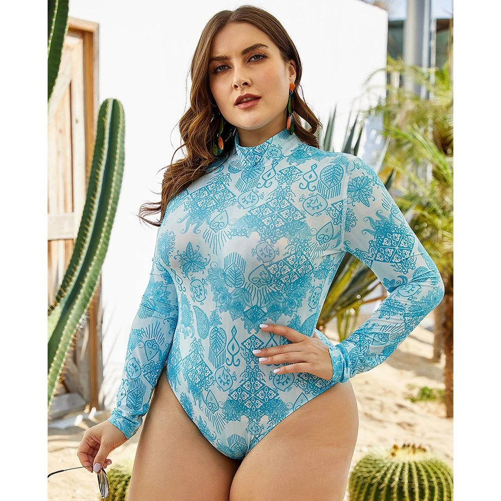 Frauen Plus Größe Badeanzug Großhandel Mode Sexy Print Langarm Konservative Einteilige Bademode Mit Hohem Ausschnitt Sonnencreme Hot Spring Slim Body-Abdeckung Beachwear