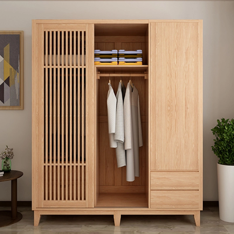 Nordic Japanese Style Solid Wood Wardrobe Simple Bedroom Furniture White Oak Sliding Door Wardrobe Storage Cabinet Custom 0038