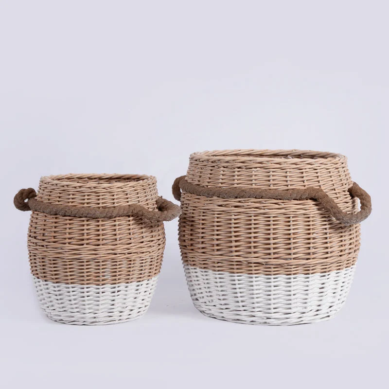 Juta corda grande Round Belly Woven Rattan Jardim armazenamento Cesto do salgueiro do bin para hampers do presente da lavanderia com alças