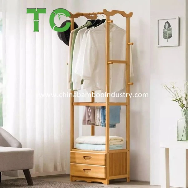 Le bambou Vêtements Vêtement étagère rack, entrée placard avec deux tiroirs Portemanteau Vêtements Rack