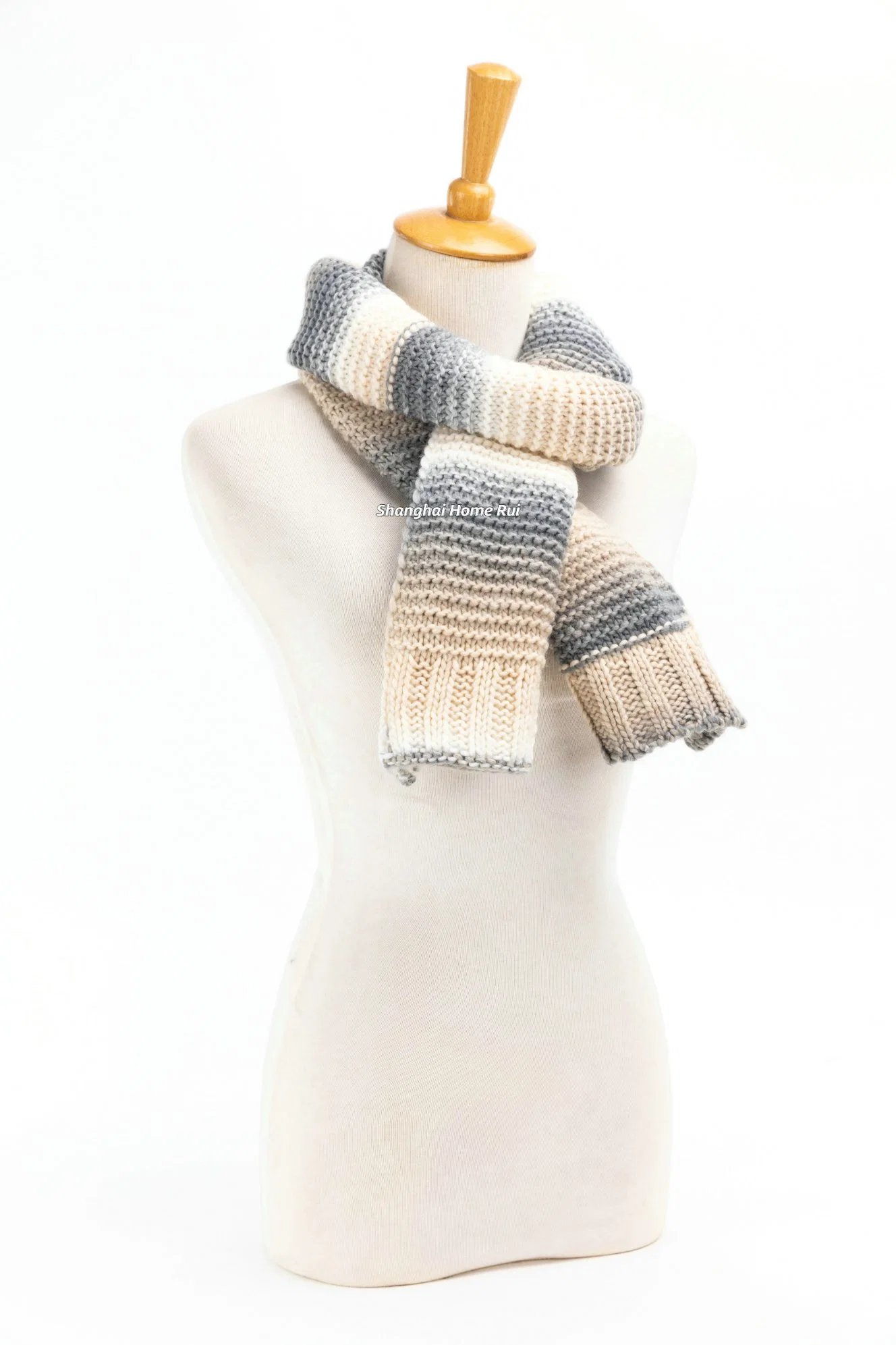 Home Rui Wholesale/Supplier Outerwear Apparel Accessory Unisex Winter Warmth Beige Acrylic Cashmere Feel Chunky Cozy Fabulous Varigated Striped Blanket Scarf
