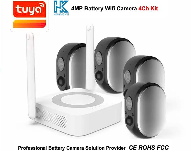 Kit d'intérieur 4 canaux pour caméra Wi-Fi avec batterie Tuya Smart Home Prise en charge de la sécurité à domicile carte SD 128 Go max. Audio 2 voies Parlez en arrière