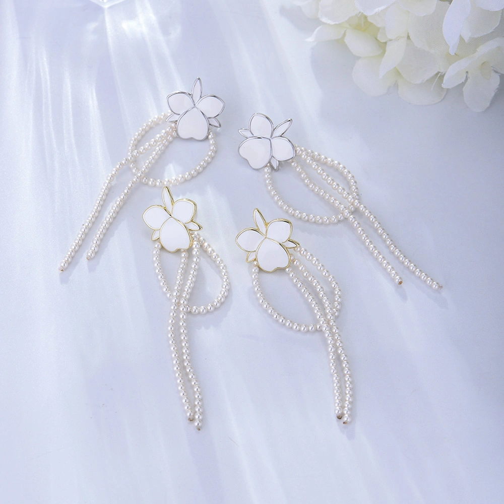 New White Flower Pearl Paint Women Copper Chain Drop Earrings