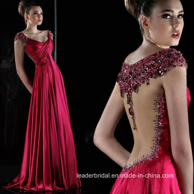 Crystal Stones Evening Dress Cap Sleeves Red Green Beads Party Prom Gown T20176