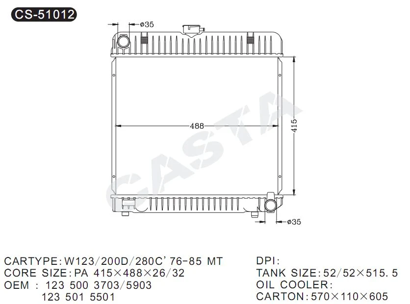 El radiador de aluminio de promoción Auto Benz W123/200D/280c'76-85 Mt OEM: 1235003703/5903