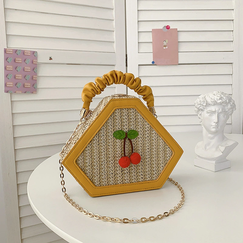 Summer New Straw Beach Cherry Decoration Fashion Straw Box Lady Shoulder Bag