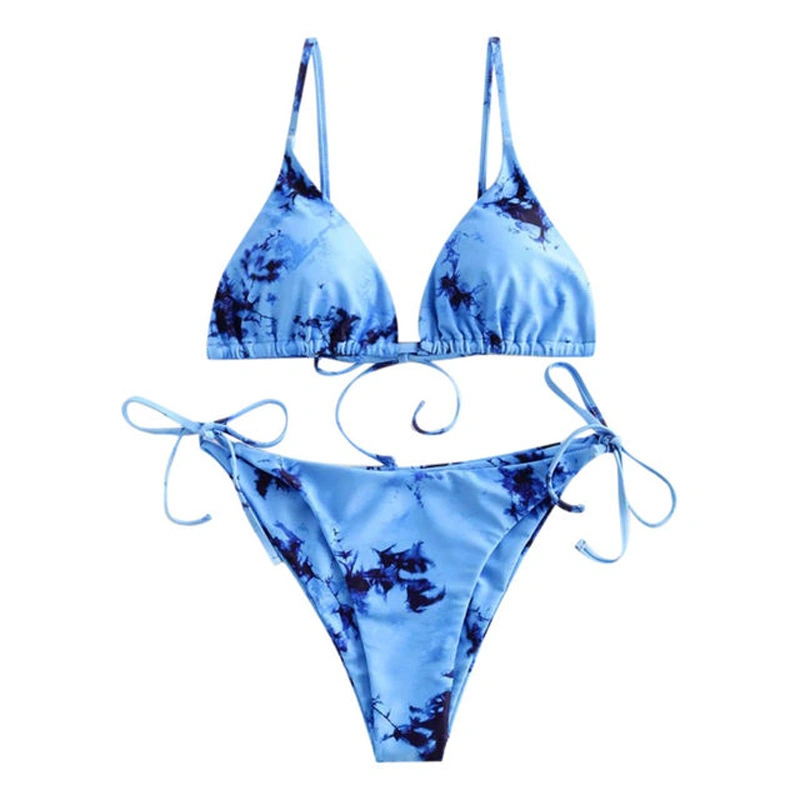 Women's Tie Dyed Print Design Lace up Triangular Bikini Set Two-Piece Swimsuit