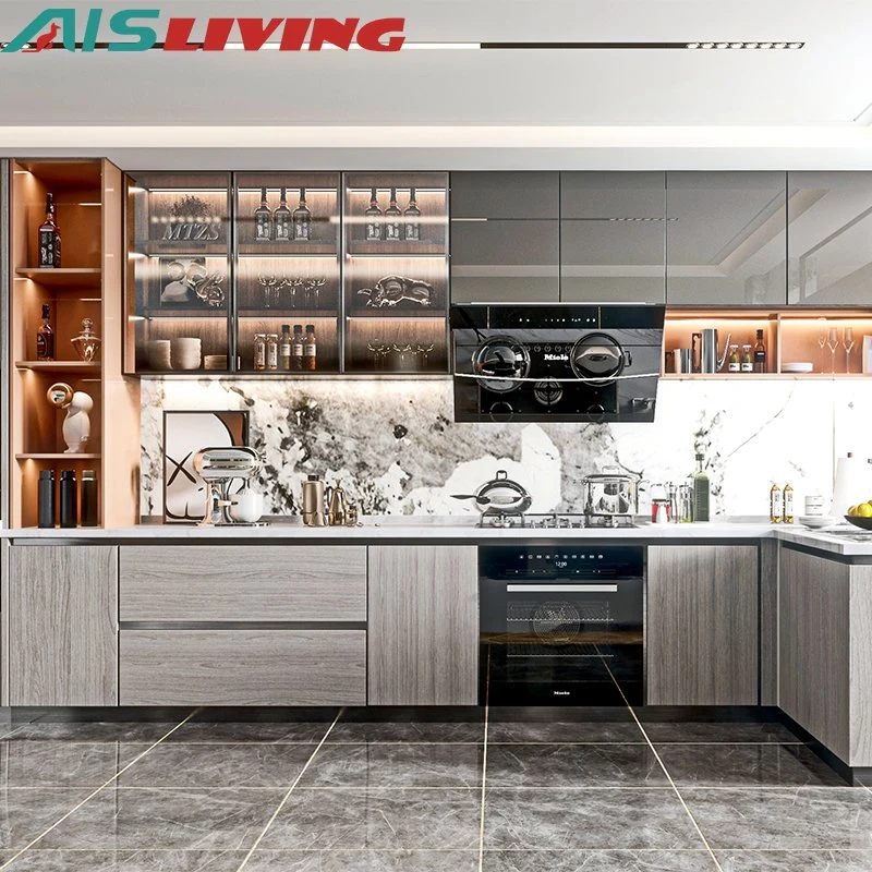 تصميم عصري AIS الفلبين سعر معقول ألومنيوم زجاج Melamine وحدات نمطية خزانة المطبخ الخشبية من الحبوب للبيع