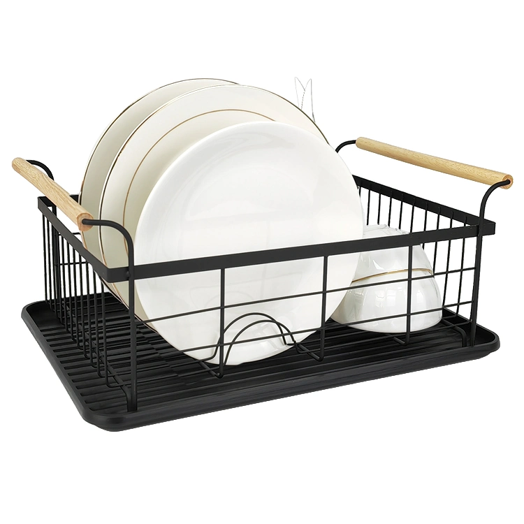 Kitchenware Metal Storage Shelf Plate Rack Dish Drainer Dish Drying Rack with Wood Handle