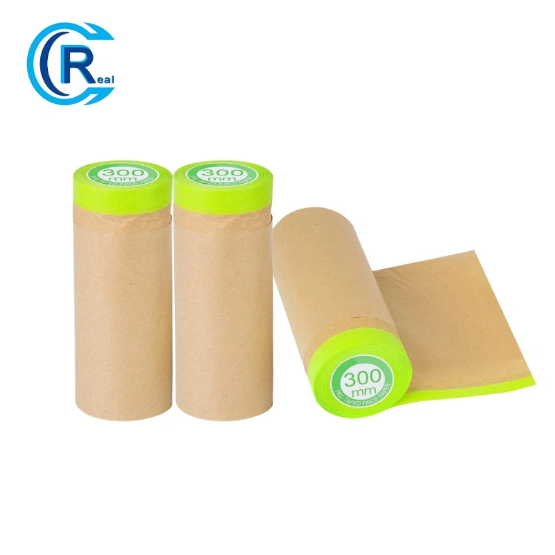 Pre-Taped Masking Paper for Painting - 24 Inch X 50 Feet Tape and Drape Painters Paper, Paint Adhesive Protective Paper Roll for Covering Skirting, Frames, Cars