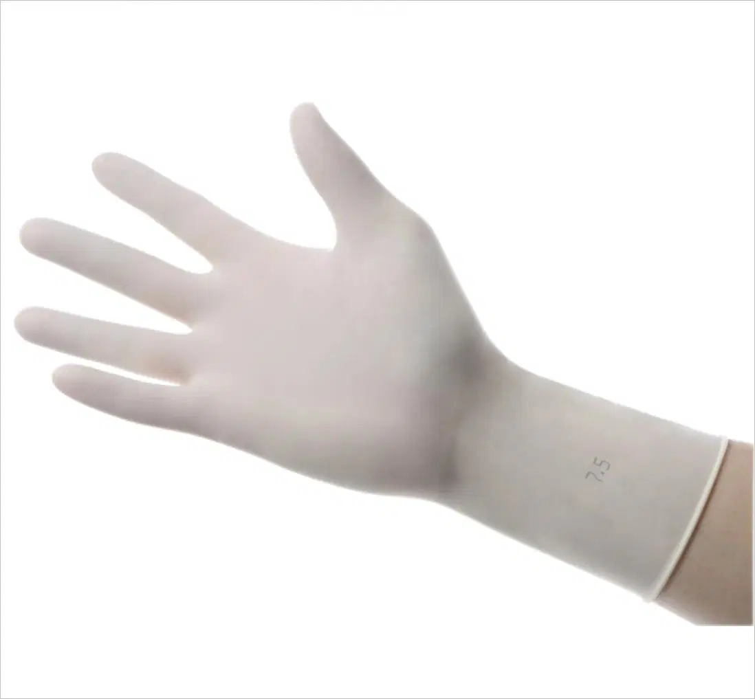 Gants chirurgicaux en latex stériles avec poudre et sans poudre, stérilisés à l'oxyde d'éthylène et par rayonnement gamma.