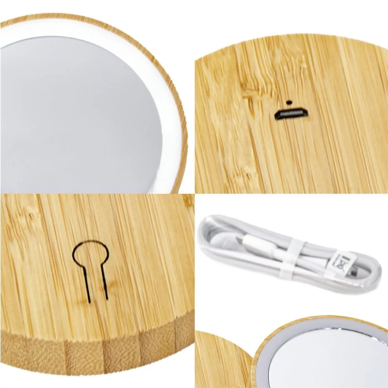 Bamboo Design Touch Sensor Volle Länge Ovale Runde Gerahmte Tasche Compact Vanity Werbegeschenk LED Make-up Licht Kosmetikspiegel