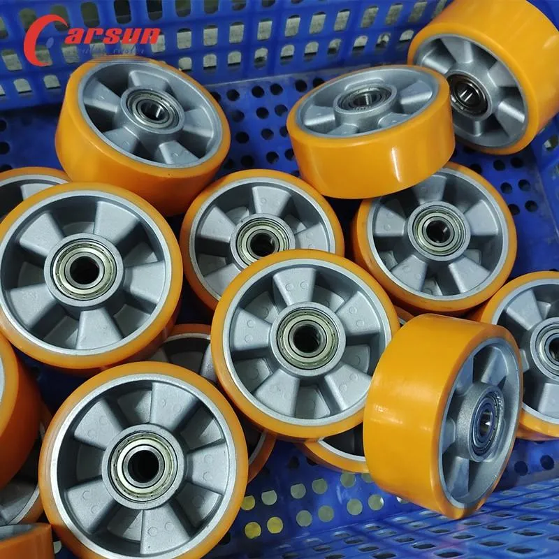 Yellow 5 Inch Double Ball Bearing Wheel Trolley Wheel Aluminium Core PU Industrial Heavy Duty Caster Wheels