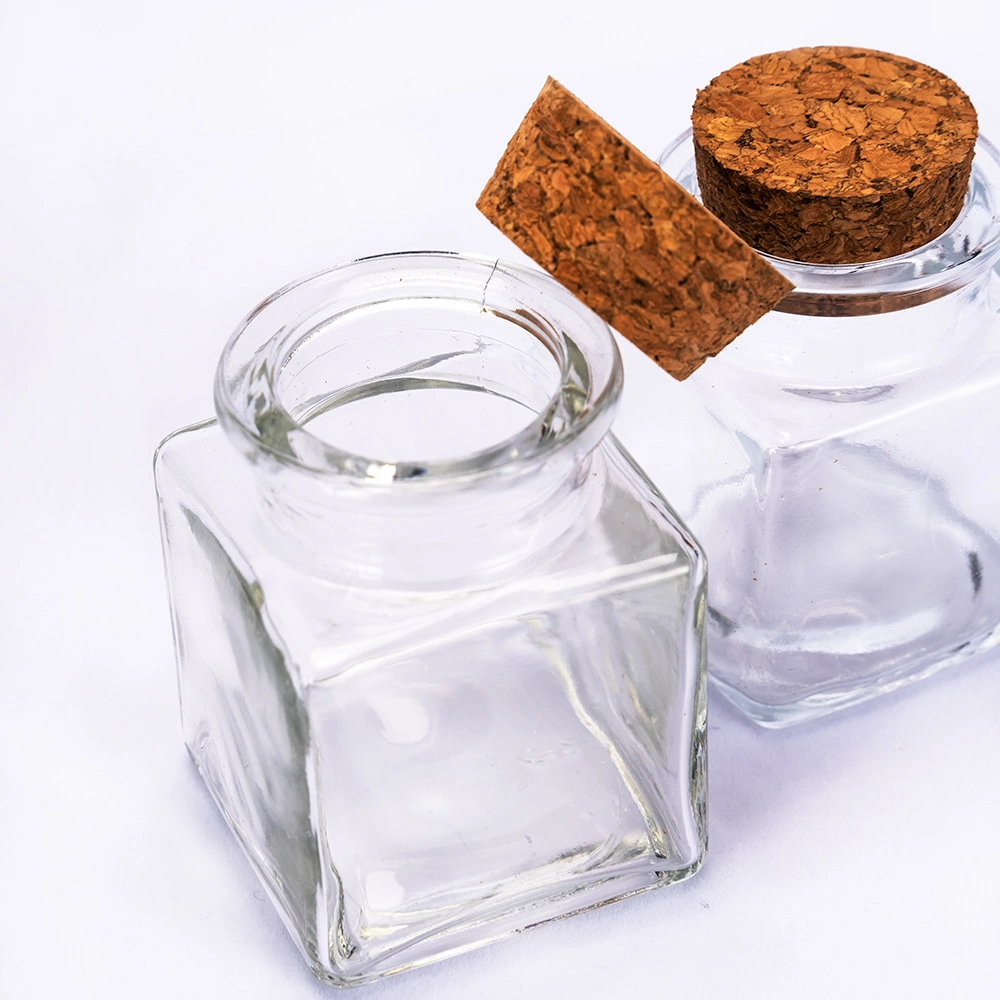 Mini 50ml Square Cork Lid Clear Glass Spice Packaging Bottle Jar for Spice Powder Dried Saffron