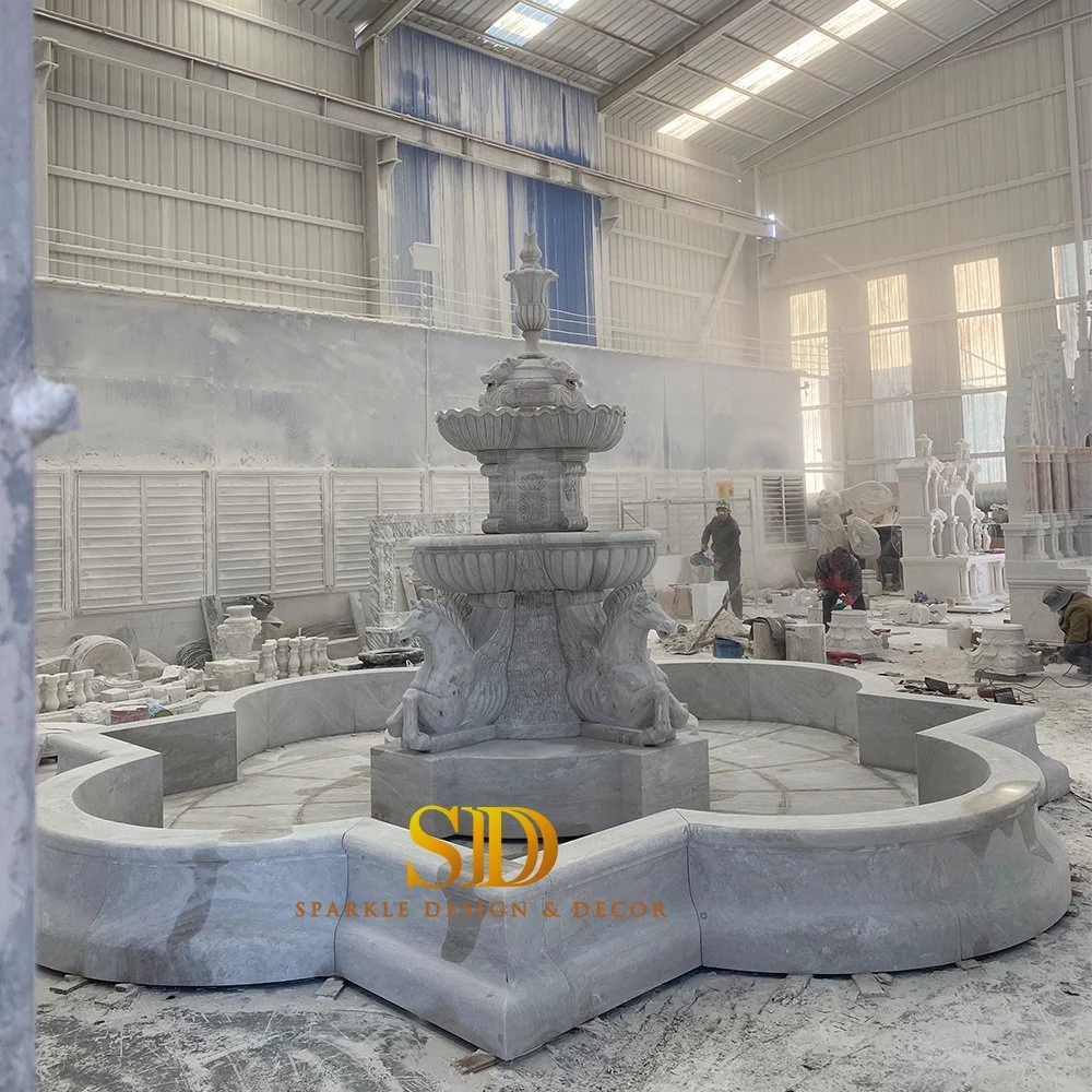 China precio de fábrica Fuente de mármol blanco de gran tamaño Diseño Piedra Fuente de agua con estatuas de caballos
