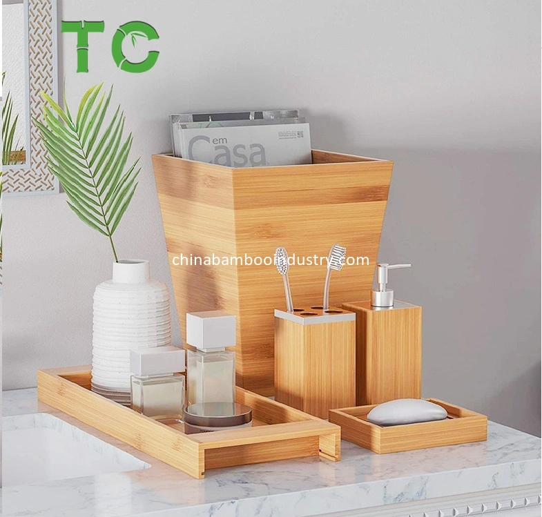 Customized Bamboo Bathroom Accessory Set 5-Piece Accessories Set, Divided Toothbrush Holder, Soap Dispenser, Soap Dish, Trash Bin, Towel Tray Accessories Set