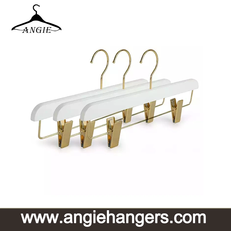 Display Wood Hangers: Glossy Matt White Wooden Bottom Clothes Hangers with Non-Slip Golden Metal Clips for Dress/Pants/Trousers