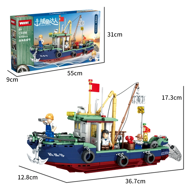 Woma Toys Home Decor Amazon Hottest Sale Fishermen Fishing Boat Catch Fish Shrimp Ship Model Brick Building Block Figure Puzzle Toy