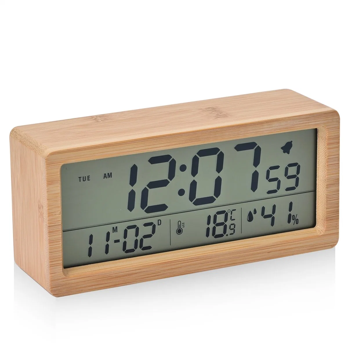 Natural Bamboo Table LCD Alarm Clock Calendar Humidity Display