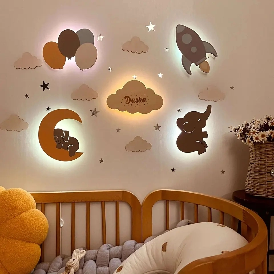 Wood Nursery Wall Decor Light Kids Room Wall Lamp Children's Room Decoration