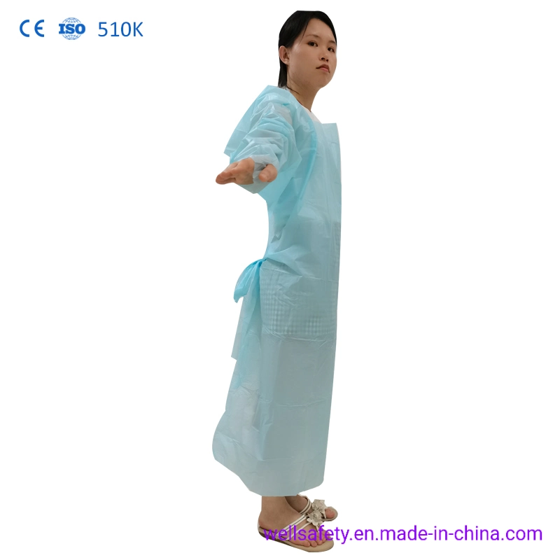 AAMI Level 2 Blue CPE Disposable Isolation Gown with Long Sleeves 50g Washable for Cheap Kitchen Aprons Waterproof Reusable Surgical Gown En14126