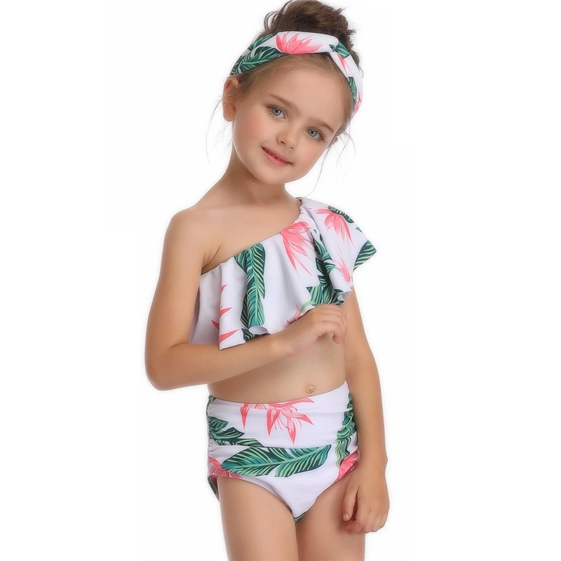 Wholesale/Supplier Children Swimwear Diagonal Shoulder Clothing Bikini Set Beach Holiday Split Swimsuit Two Piece Bathing Suits Sweet Printed Kids Girl Swimwear