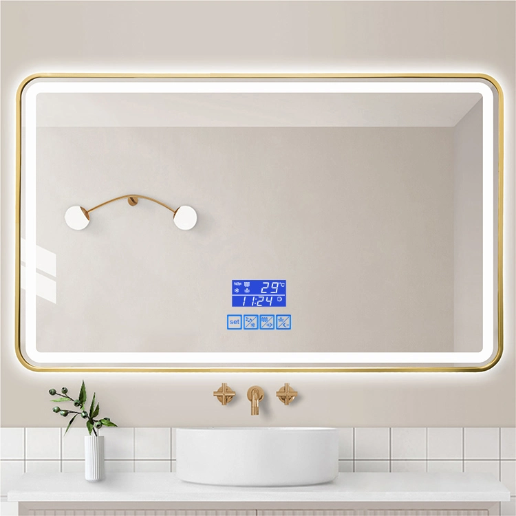 Chorreado de arena aluminio esmerilado marco rectangular ajustable Defogger Baño Smart iluminado Espejo