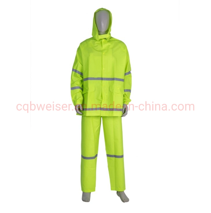 Verde fluorescente dos piezas resistentes al agua Rainwear reflectante adultos traje de lluvia